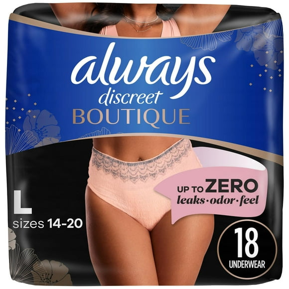 Culottes d’incontinence et de post-partum Always Discreet Boutique pour femmes, taille G, protection maximale, couleur rosée, 18 culottes