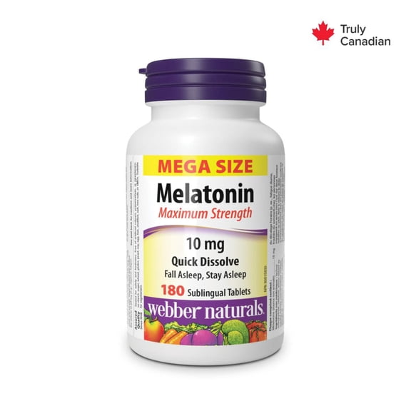 Melatonin Maximum Strength Quick Dissolve 10 mg from Webber Naturals is the maximum dosage available in one convenient sublingual tablet. When sleep patterns are disturbed, falling and staying asleep can be difficult. Melatonin improves sleep quality.
