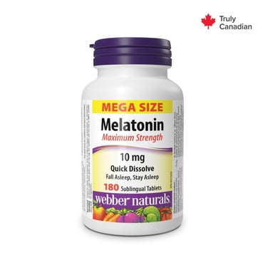 Melatonin Maximum Strength Quick Dissolve 10 mg from Webber Naturals is the maximum dosage available in one convenient sublingual tablet. When sleep patterns are disturbed, falling and staying asleep can be difficult. Melatonin improves sleep quality.