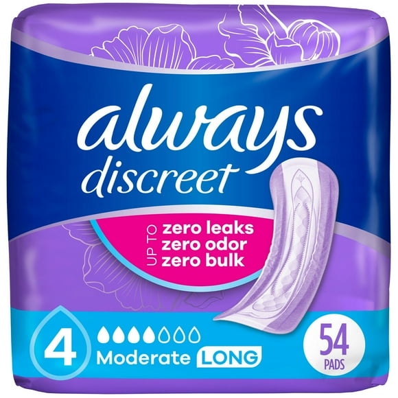 Always Discreet Adult Incontinence Pads for Women, Moderate Absorbency, Long Length, Postpartum Pads