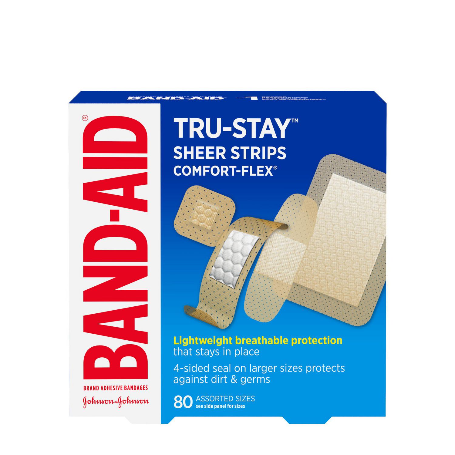 Band-Aid Brand Tru-Stay Sheer Adhesive Bandages, Assorted Sizes, 80 Count – Comfortable First Aid for Minor Cuts & Scrapes