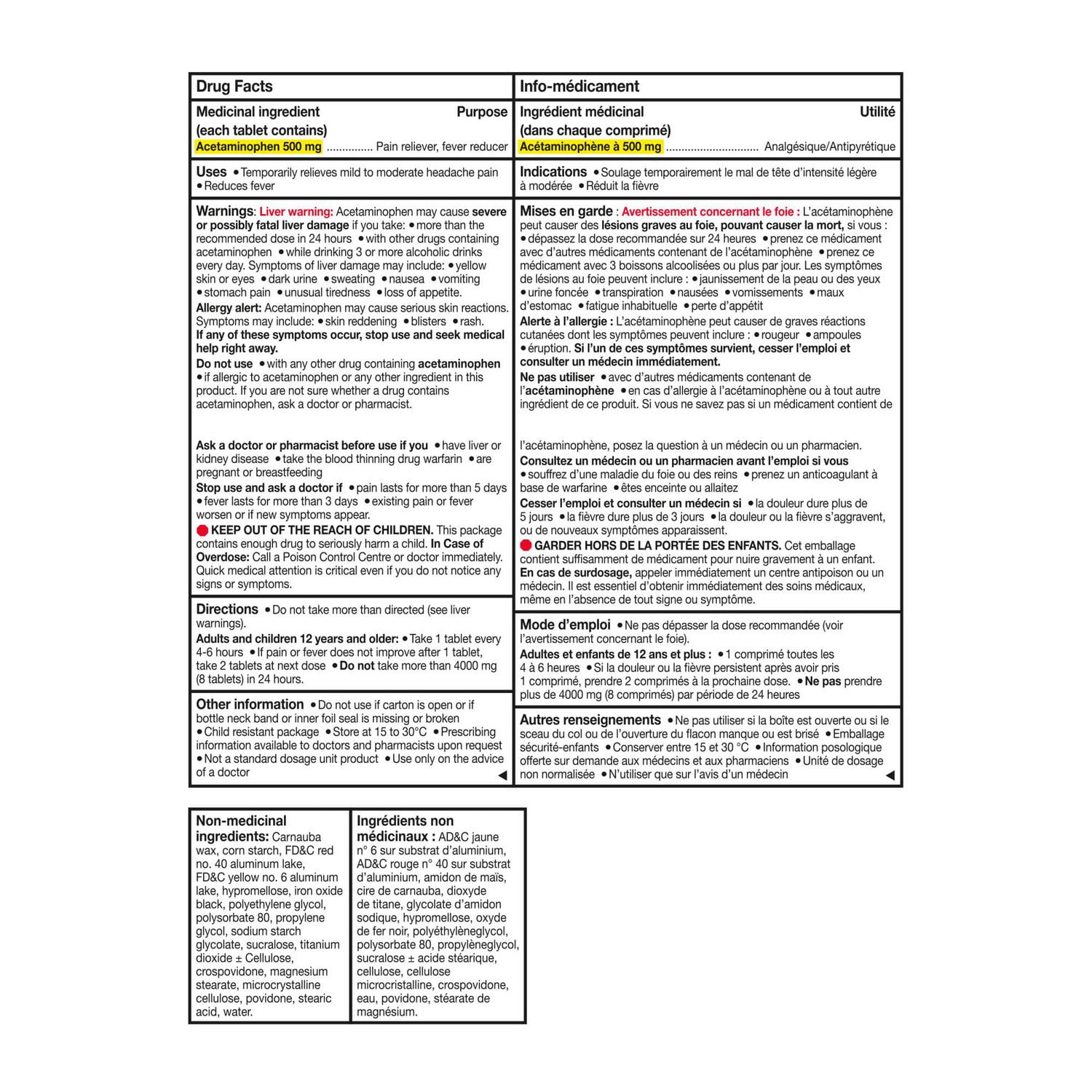 Comprimés FaciliT Tylenol Extra fort contre le mal de tête, la douleur et la fièvre 200 unités