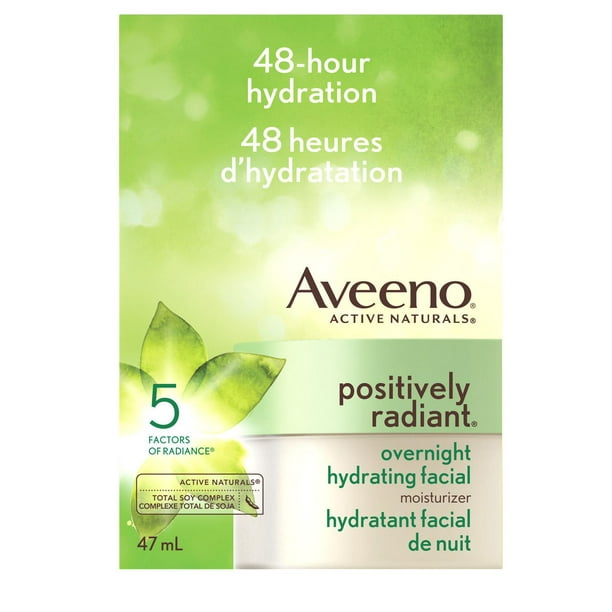 Aveeno Positively Radiant Hydratant facial de nuit, Hydratant avec extrait de soja, 48 heures d'hydratation, Hypoallergénique et sans huile