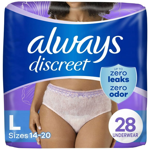 Always Discreet Adult Incontinence Underwear for Women and Postpartum Underwear, L, Up to 100% Bladder Leak Protection, 28CT