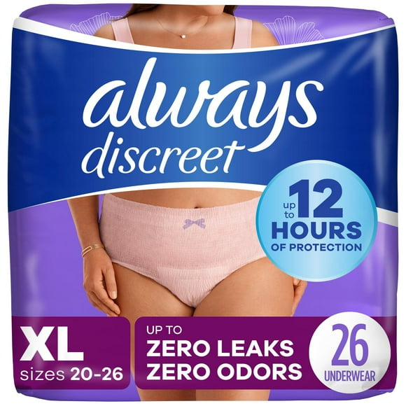 Always Discreet Adult Incontinence Underwear for Women and Postpartum Underwear, XL, Up to 100% Bladder Leak Protection,, 26CT