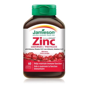 Jamieson Zinc Lozenges with Echinacea Vitamin C and D, Wild Cherry Flavour, 60 Count
