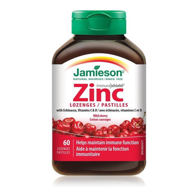 Jamieson Zinc Lozenges with Echinacea Vitamin C and D, Wild Cherry Flavour, 60 Count