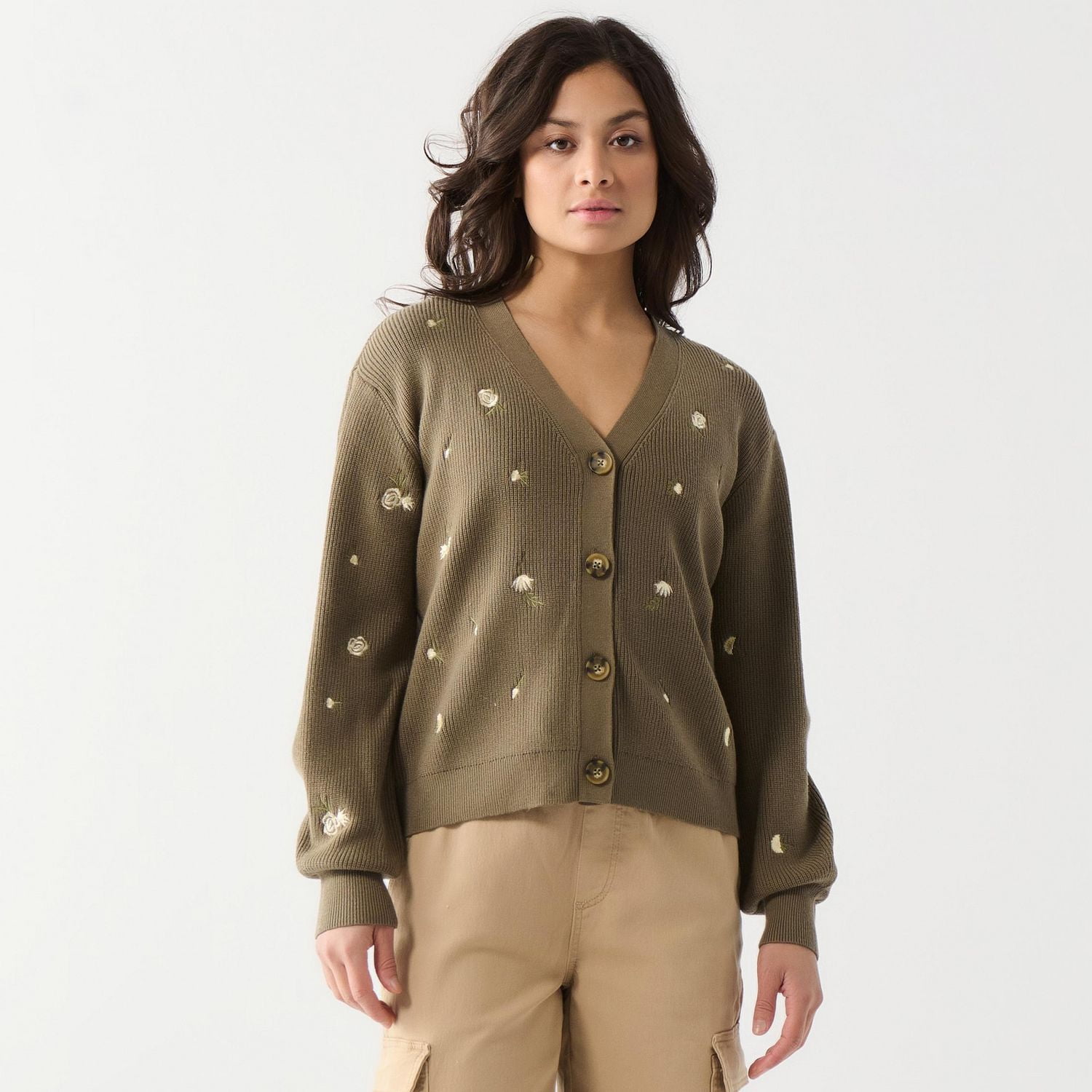 DV L/S knit cardigan with buttons and embroidered flowers