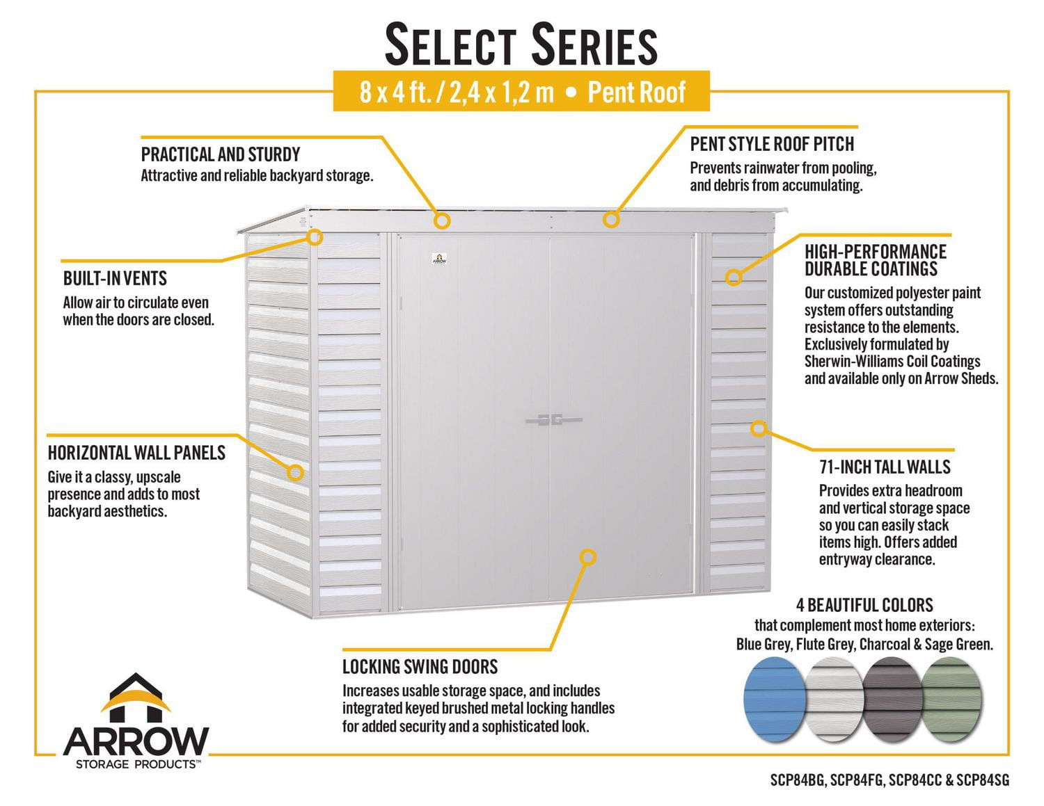 Arrow Select Steel Storage Shed, 8x4, Gris bleu