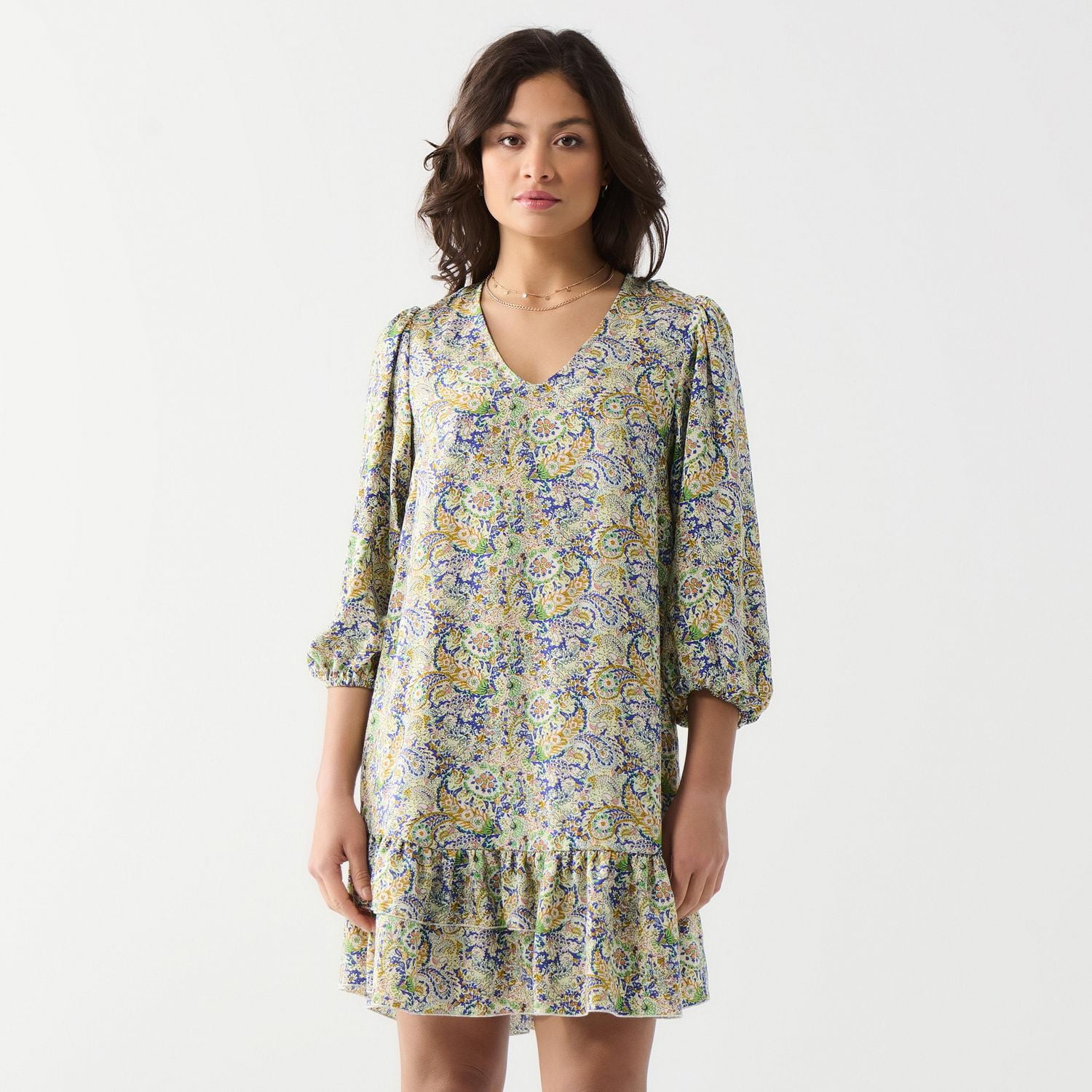 DV Printed Satin Ruffled-Hem Mini Dress