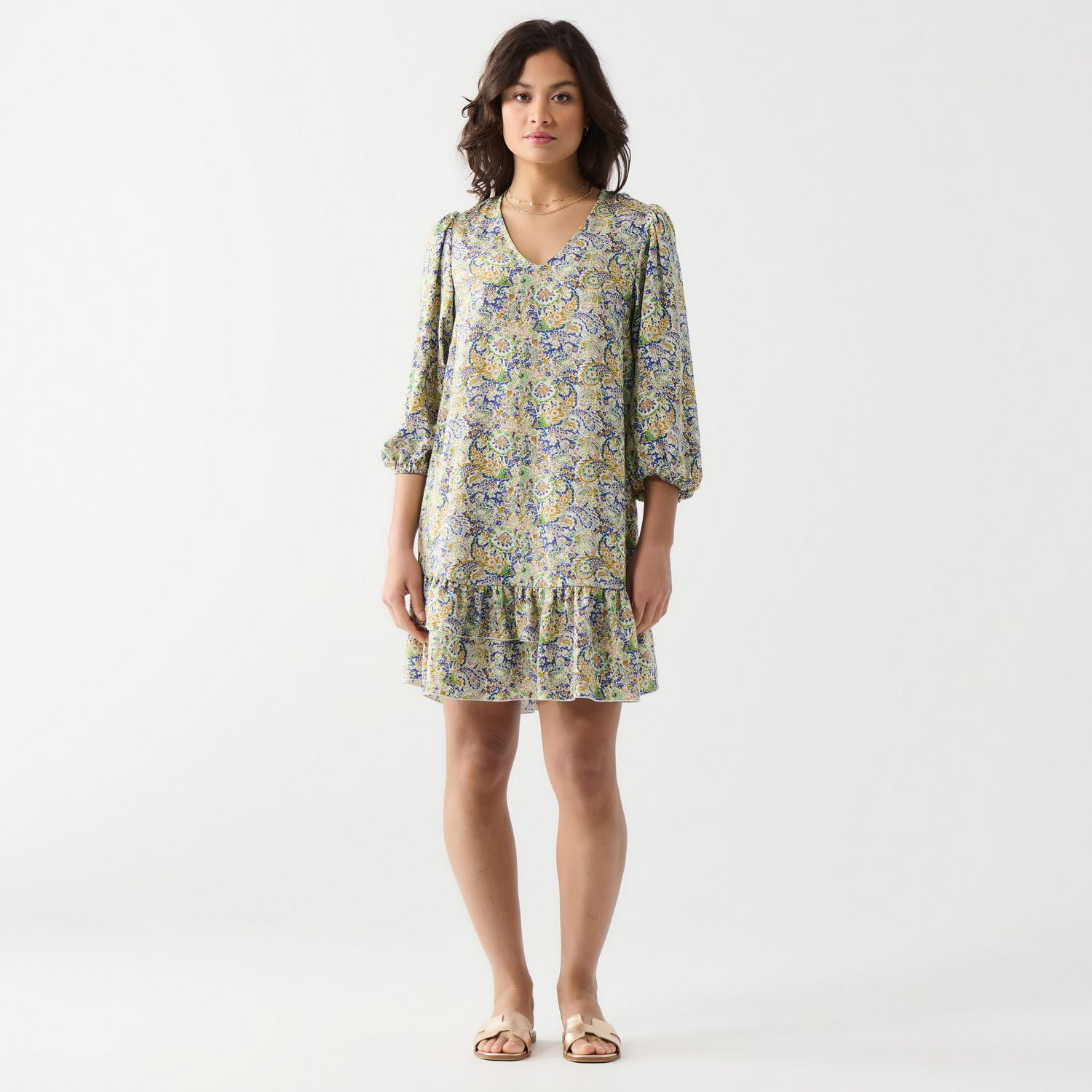 DV Printed Satin Ruffled-Hem Mini Dress