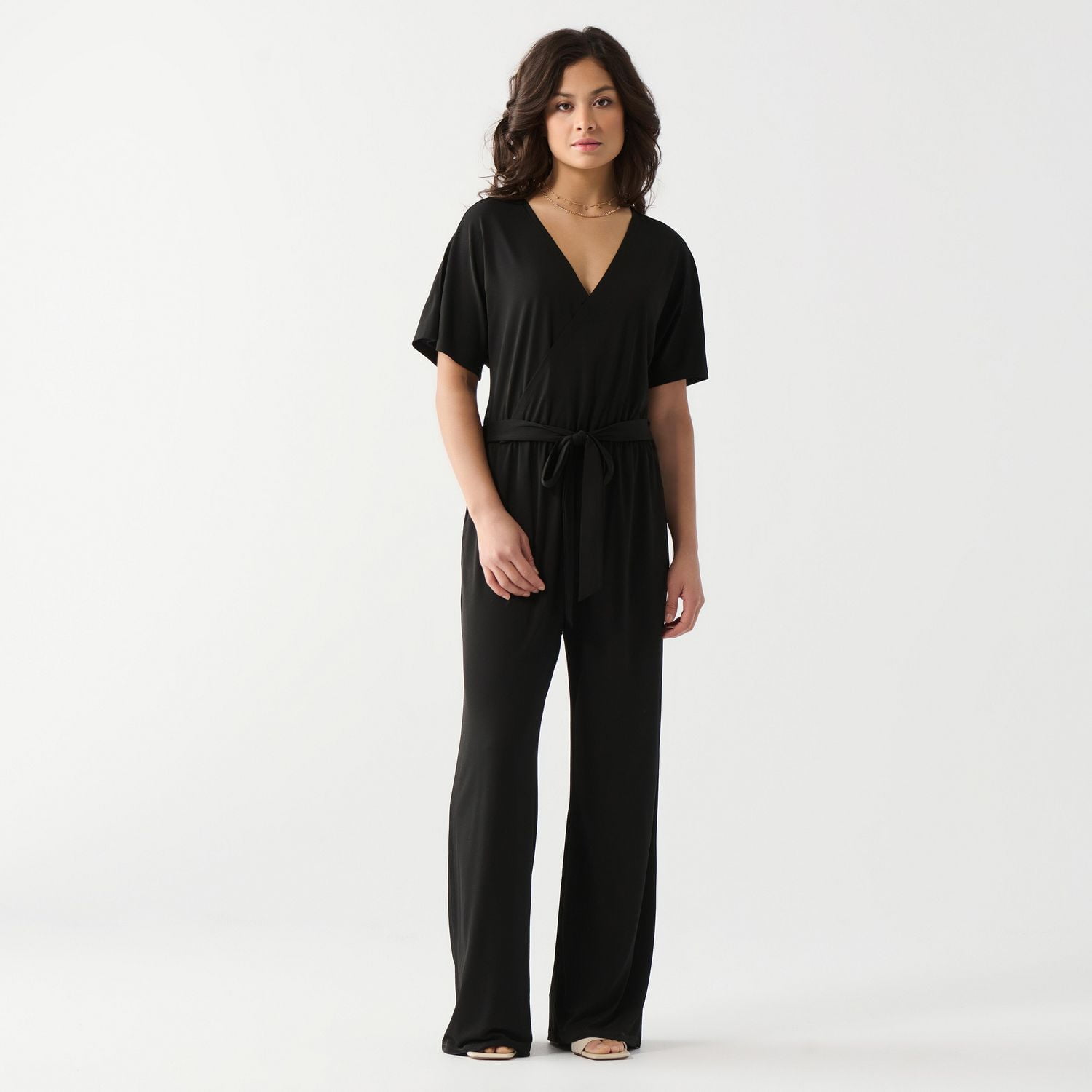 DV Full length V neck jumpsuit with S S and tie belt Walmart