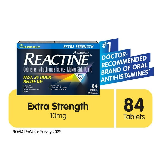 Reactine Extra fort, comprimés antiallergiques/antihistaminiques, chlorhydrate de cétirizine à 10 mg,  soulagement 24 h