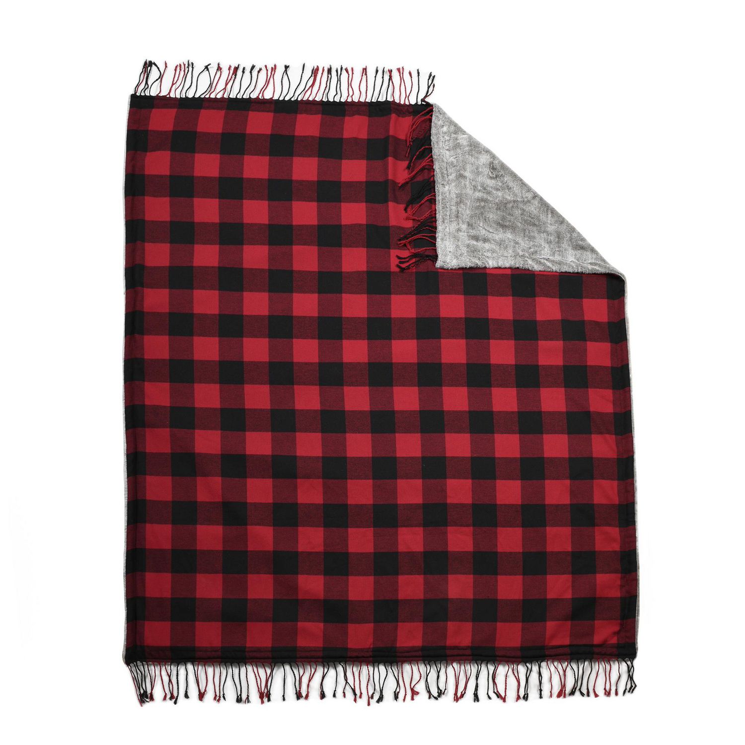 Canadiana Buffalo Plaid Reversible Faux-Fur Throw Blanket with Fringe ...
