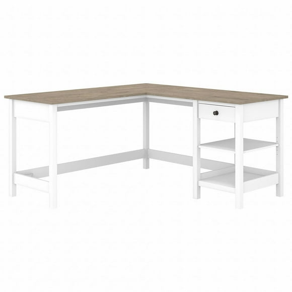 Bureau d’ordinateur en L 60L avec rangement Mayfield de Bush Furniture, blanc pur et gris lambris