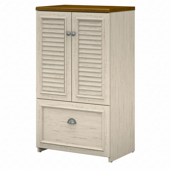 Armoire à 2 portes avec tiroir classeur Fairview de Bush Furniture, blanc antique et thé érable