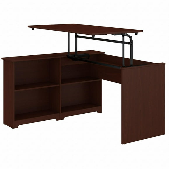 Bureau assis-debout en coin 52L à 3 positions avec bibliothèque Cabot de Bush Furniture, cerisier naturel