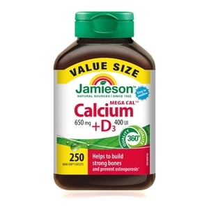 Jamieson Mega Cal Calcium + D3 Caplets, 650 mg or 400 IU, Mini-Tab Caplets, 250 ct