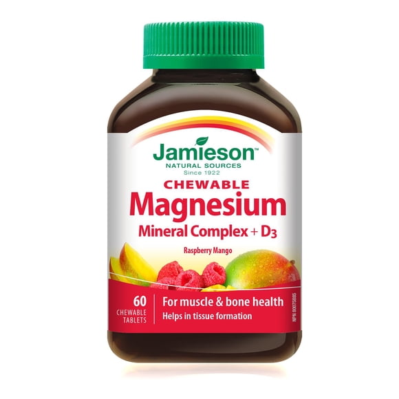 Jamieson Magnesium Mineral Complex Chewable Tablets, Raspberry Mango, 60 Count