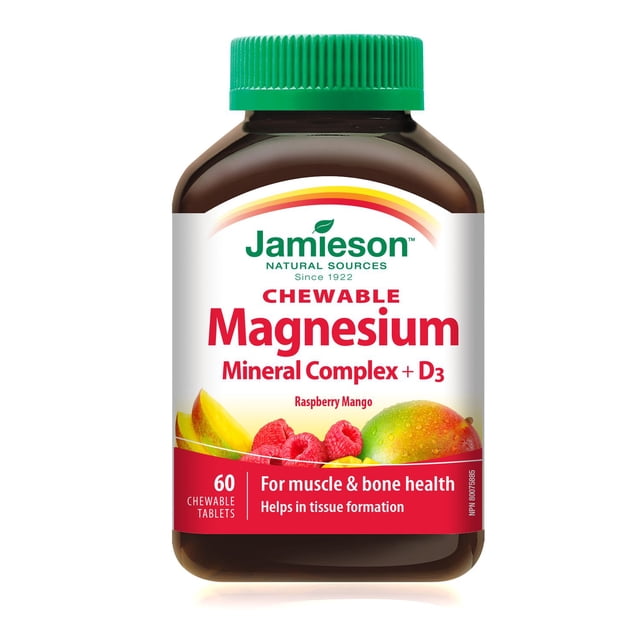 Jamieson Magnesium Mineral Complex Chewable Tablets, Raspberry Mango, 60 Count