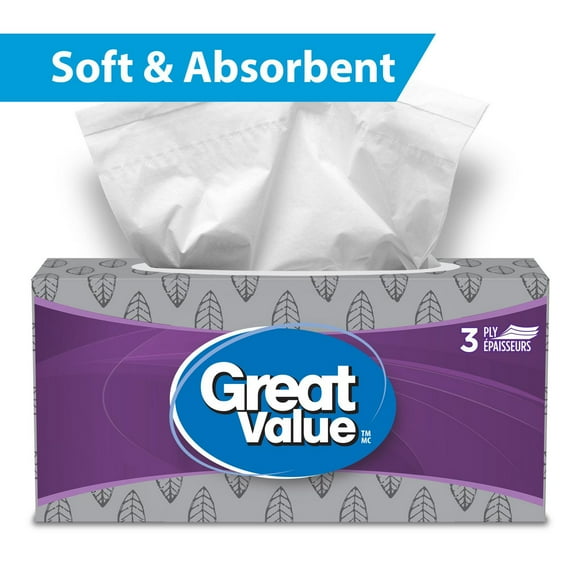 Great Value, Facial Tissues, 1 flat box, 88 tissues per box, 3Ply, 88 Tissues in total