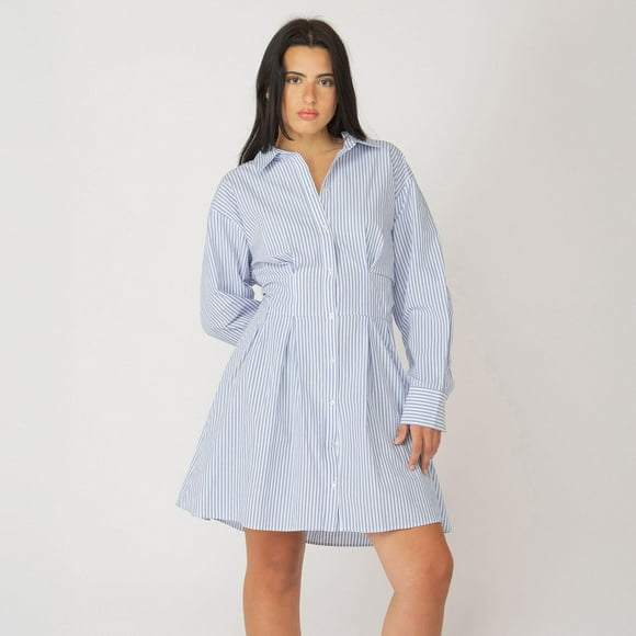 Devoted long sleeve striped button-up A-line mini dress