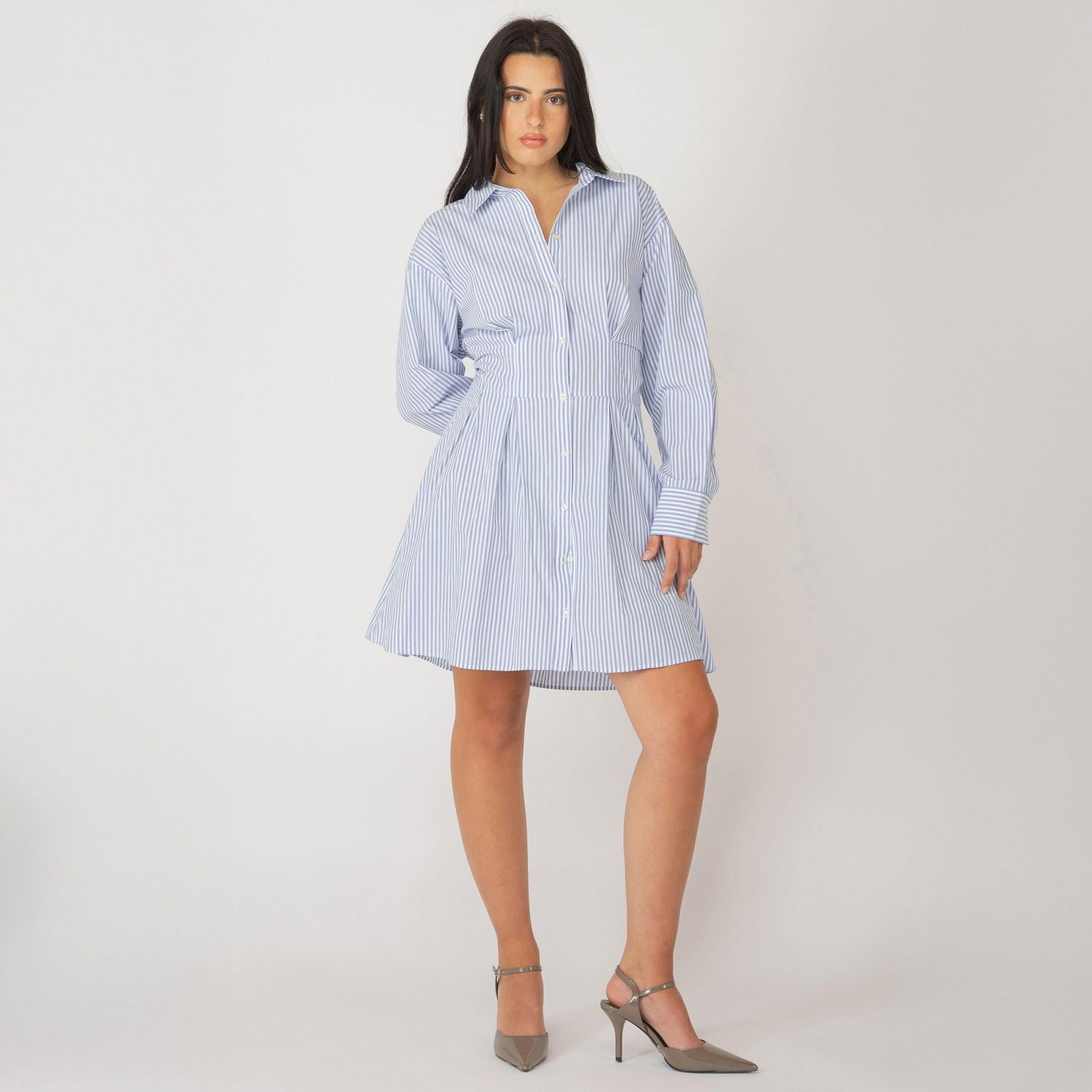 Devoted long sleeve striped button-up A-line mini dress