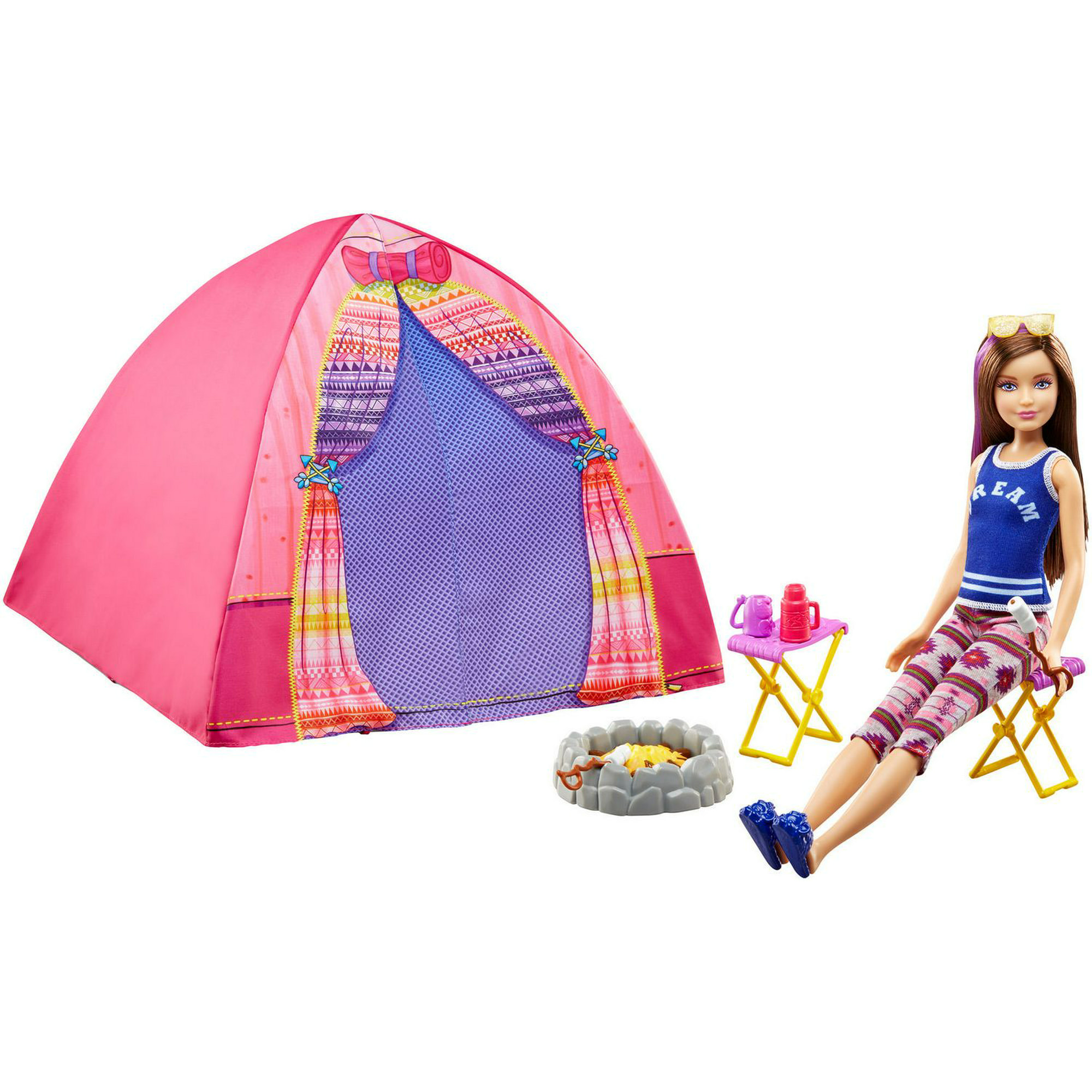 Barbie Camping Fun Accessory Pack Fishing Pole Binoculars Compass Stool New