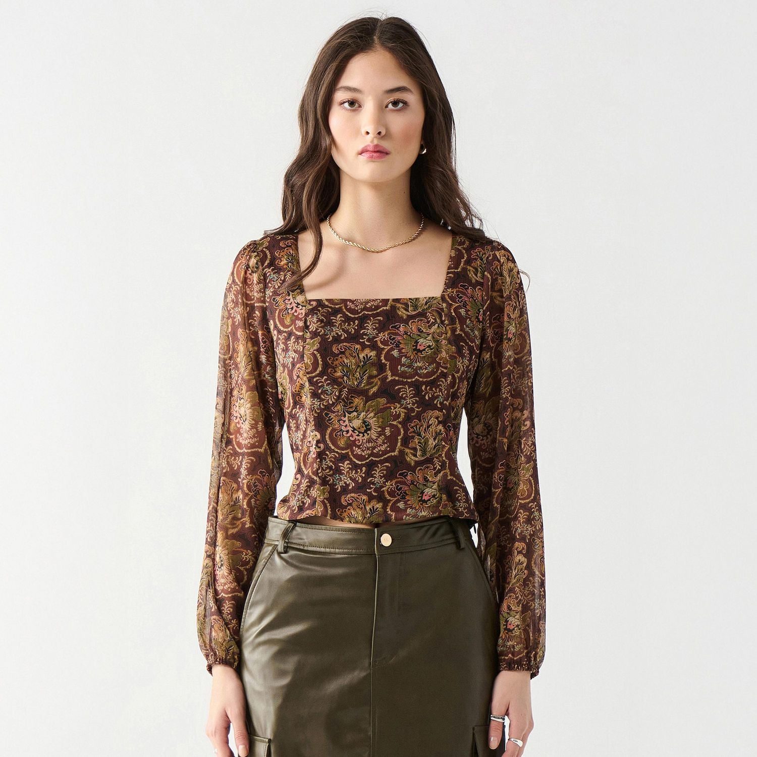 Devoted long sleeve square neck floral print blouse