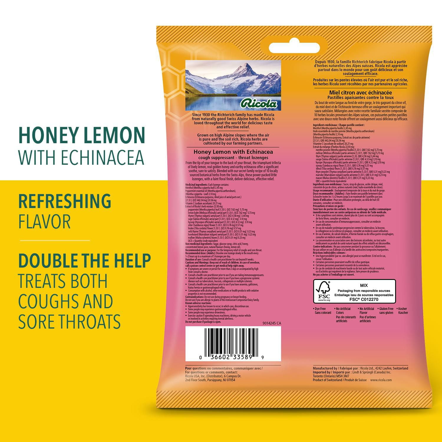 Pastilles Ricola à saveur de miel-citron avec échinacée en sac familial 45 unités