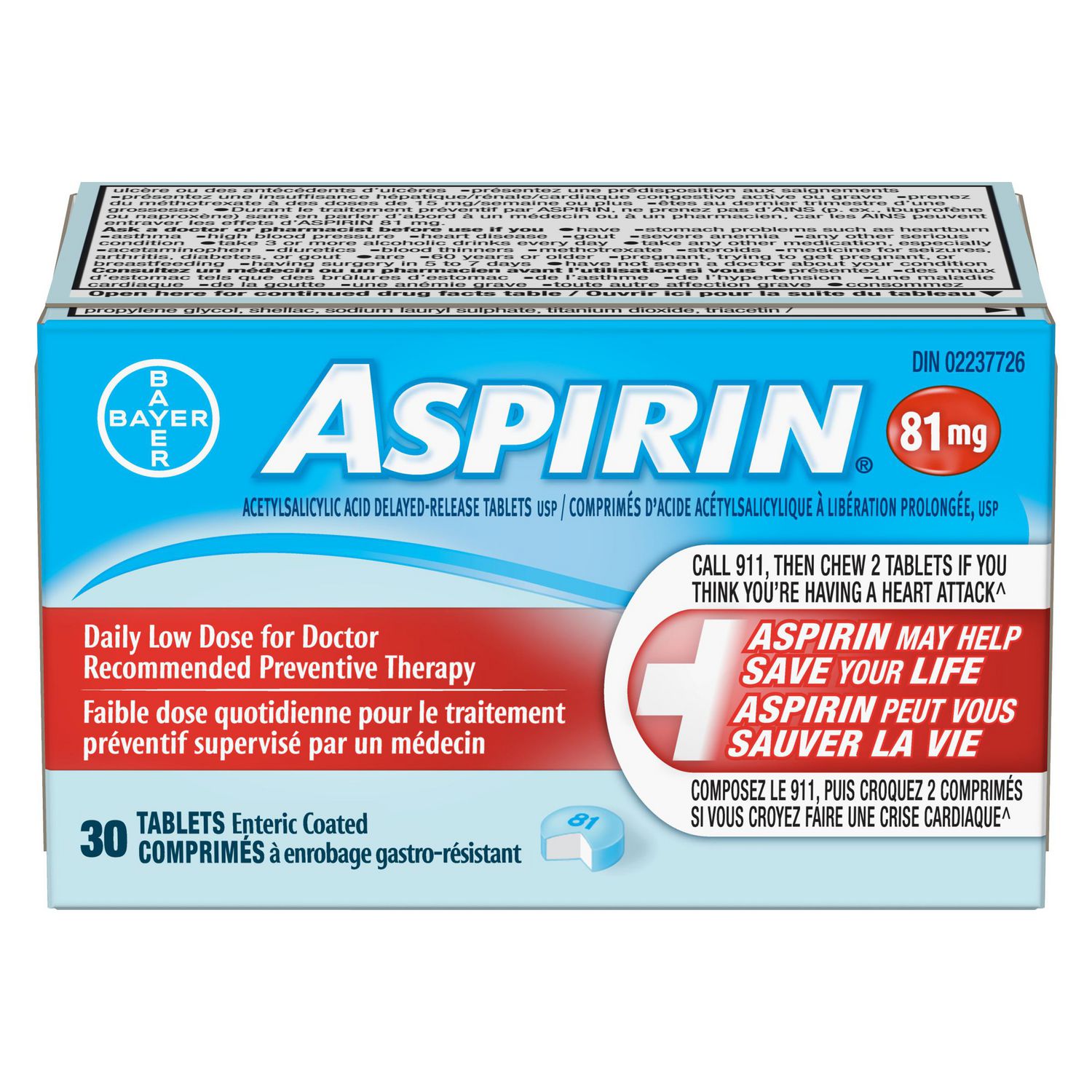 ASPIRIN à 81 mg, comprimés faible dose quotidienne avec enrobage gastro-résistant