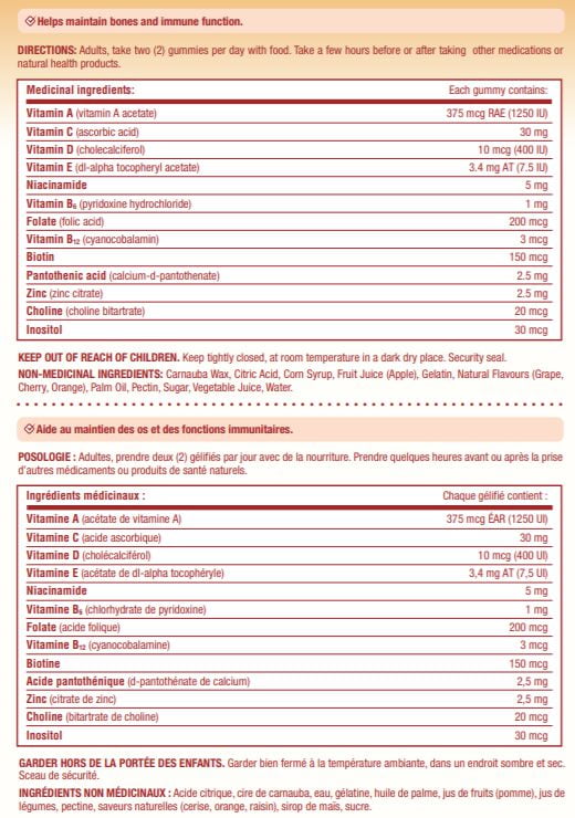 NATURE'S BOUNTY Gélifiés pour adultes, aide à soutenir la fonction immunitaire, au développement des os et des dents, saveurs de cerise, de raisin et d’orange 75 paquet 75 gélifiés