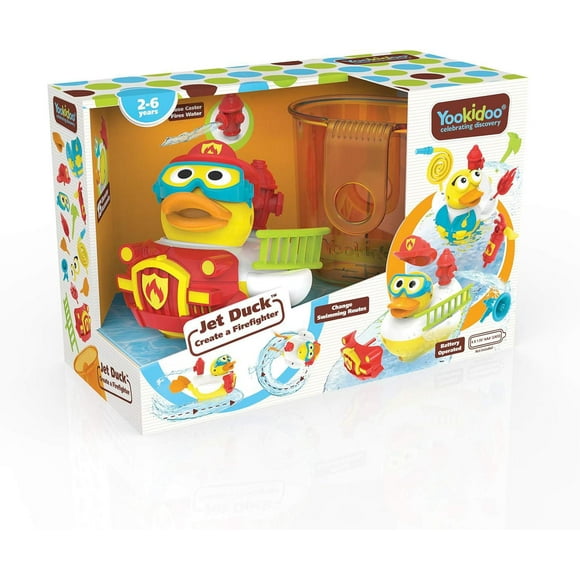 Jet Duck Create a Firefighter – Battery-Operated Bath Toy with Water-Squirting Action, 15 Accessories for Customization, Fun Bath Time Adventure for Kids