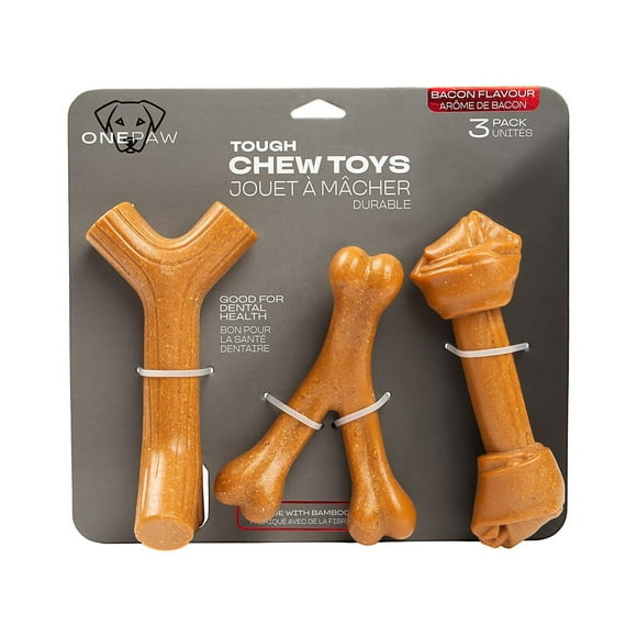 One Paw, 3 Pack Bamboo Fiber Bone Dog Toys, Durable and Good for Dental Health, Bacon Flavour, 3 Pack Bamboo Fiber Bone Toys