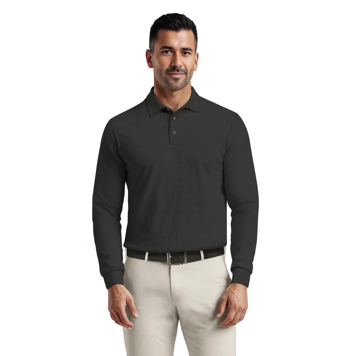 Ben Hogan Performance Men's Long Sleeve Fineline Heather Stripe Print Golf Polo Shirt
