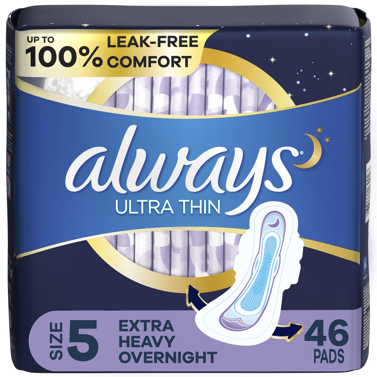 Always Ultra Thin Pads Size 5 Extra Heavy Overnight Absorbency Unscented  with Wings, 46 Count 