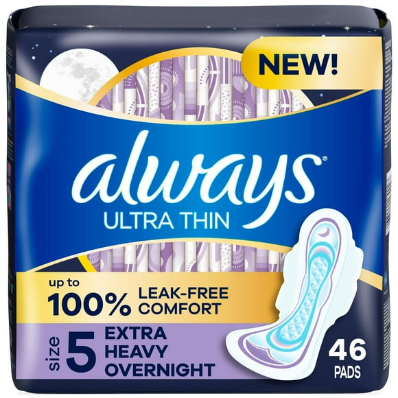 Always Ultra Thin Overnight Pads, Size 5, Extra Heavy Overnight, Unscented, 46CT