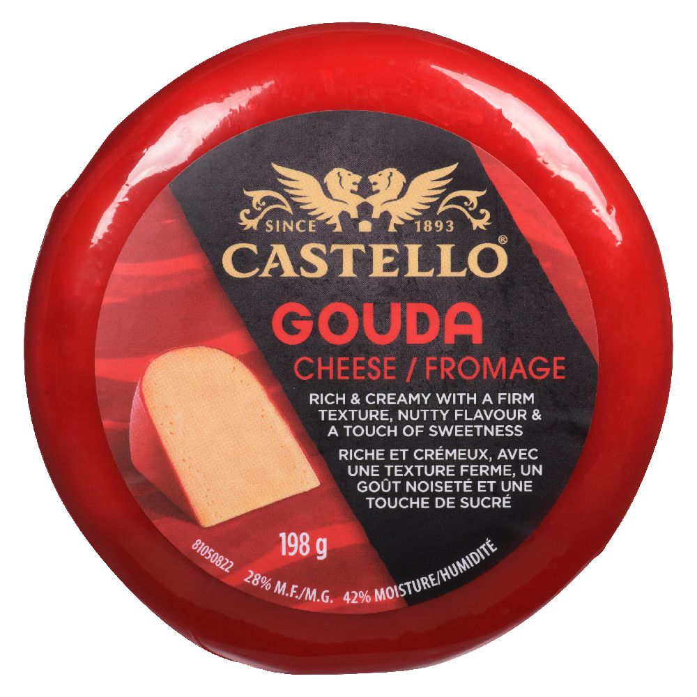 Castello Gouda Cheese 198 g round semi-hard cow's milk cheese with smooth, creamy texture and mild buttery flavor, signature red wax rind visible on whole wheel against neutral background; suitable for cheese boards, sandwiches, or melting into recipes.