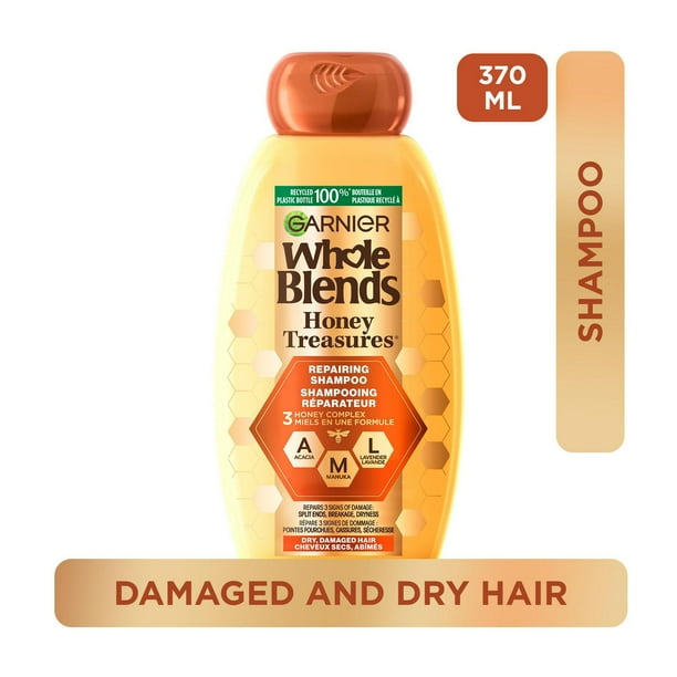 Garnier Whole Blends Honey Treasures Shampooing Réparateur pour Cheveux Secs et Abîmés, 370ml Répare les cheveux abîmés