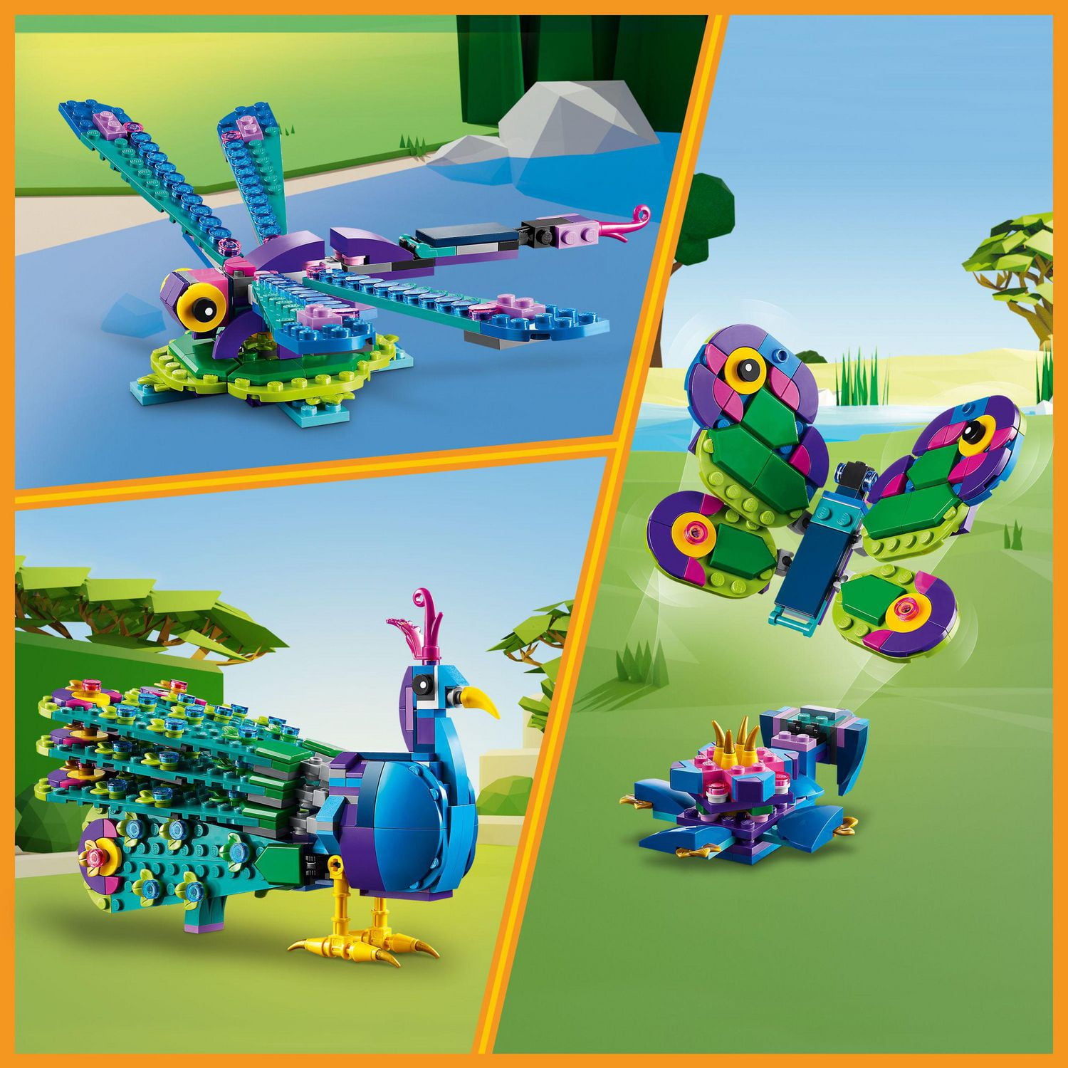 LEGO Creator 3 in 1 Exotic Peacock Toy, Transforms from Peacock to  Dragonfly to Butterfly Toy, Play-and-Display Gift Idea for Boys and Girls  Ages 7 Years Old and Up, Bird Toy, 31157
