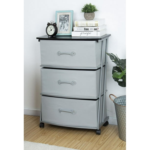 Mainstays 3 Drawer Fabric Dresser Storage Tower with Wheels, Storage Cart 3 drawers grey Dresser Chest with Wood Top, Organizer Unit, Sturdy Metal Frame for Bedroom, Closet, Entryway, Nursery Room, Size:23.3 in. W x 12 in. D x 29.8 in. H; Grey drawer with black wood top