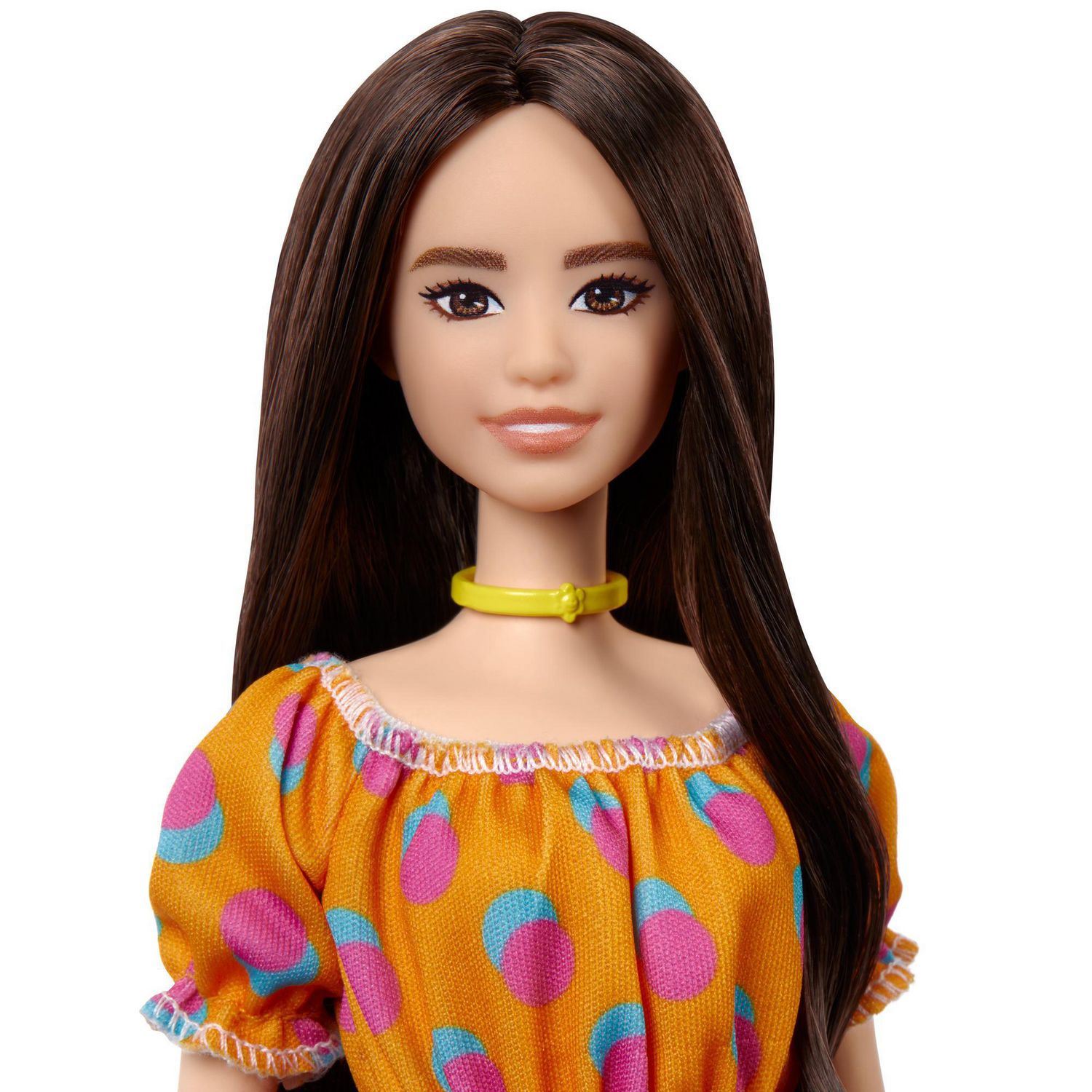 Barbie Fashionistas Doll 160 with Long Brunette Hair Wearing Patterned Orange Dress White Shoes Yellow Choker Walmart