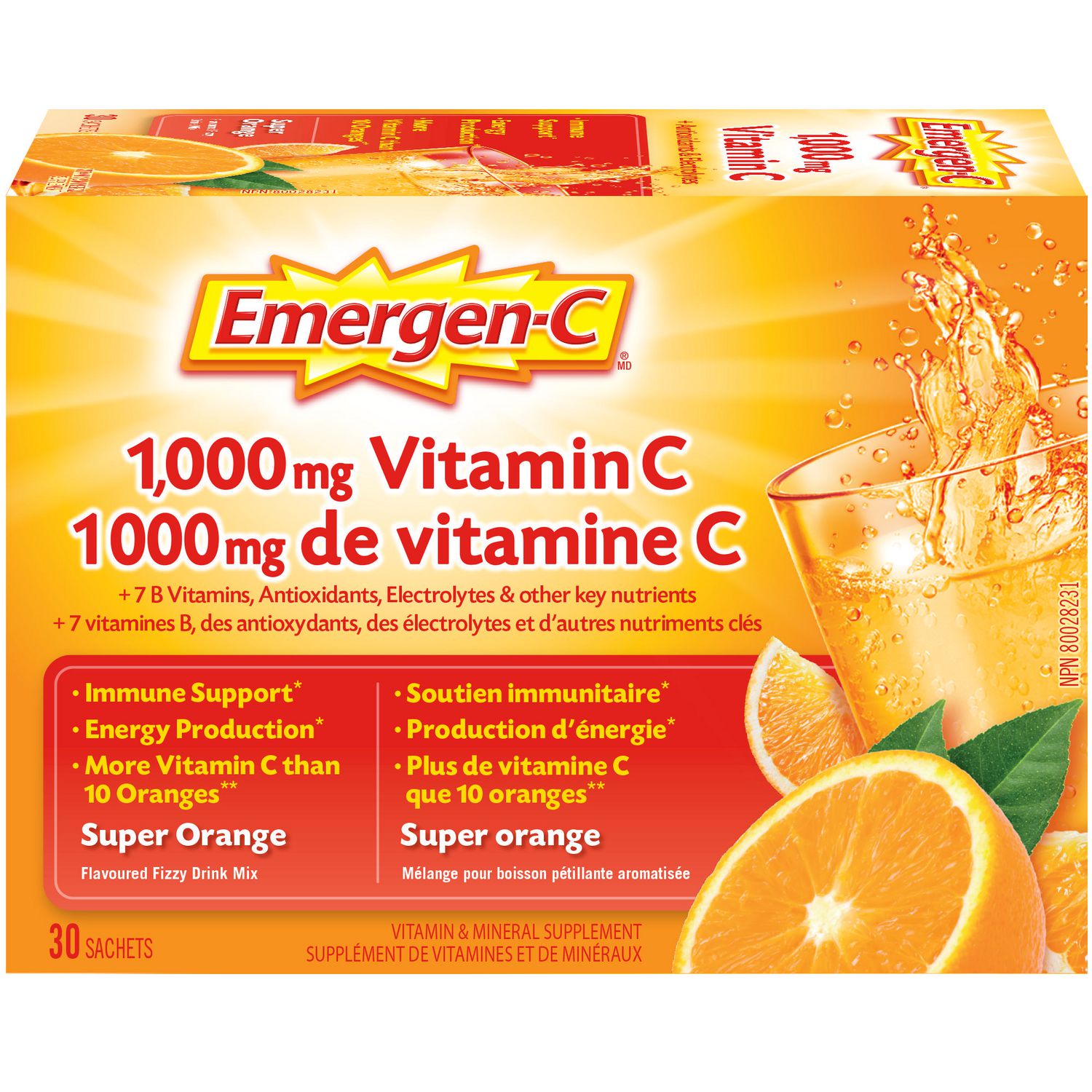 Supplément de vitamines et de minéraux multiples de 1 000 mg Emergen-C Super Orange, 30 count