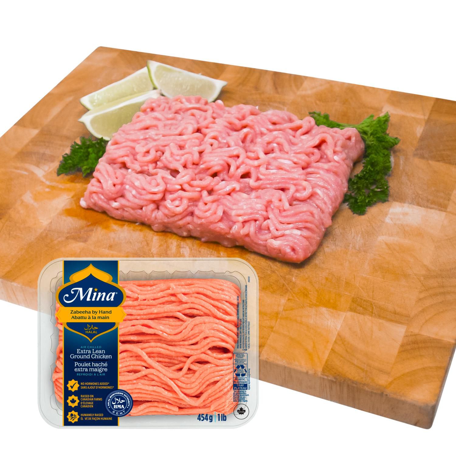 Mina Halal Lean Ground Chicken, 454 g Sealed package of lean halal ground chicken with finely ground, pale-pink texture; humanely raised on Canadian farms, Zabeeha by hand, air-chilled and HMA certified, often used in burgers, stir-fries and lettuce-wrap recipes.