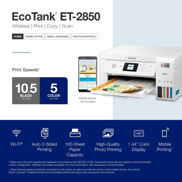 Epson EcoTank ET-2800 Imprimante couleur tout-en-un sans cartouche sans fil  avec numérisation et copie – L'imprimante domestique de base idéale – Noir  : : Fournitures pour le bureau