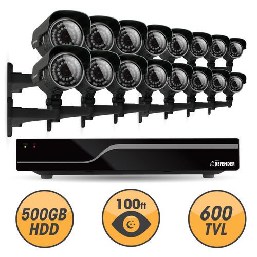 DVR intelligent SENTINEL H.264 500 Go 16 canaux avec 16 caméras de surveillance extérieure et compatibilité avec téléphone intelligents.