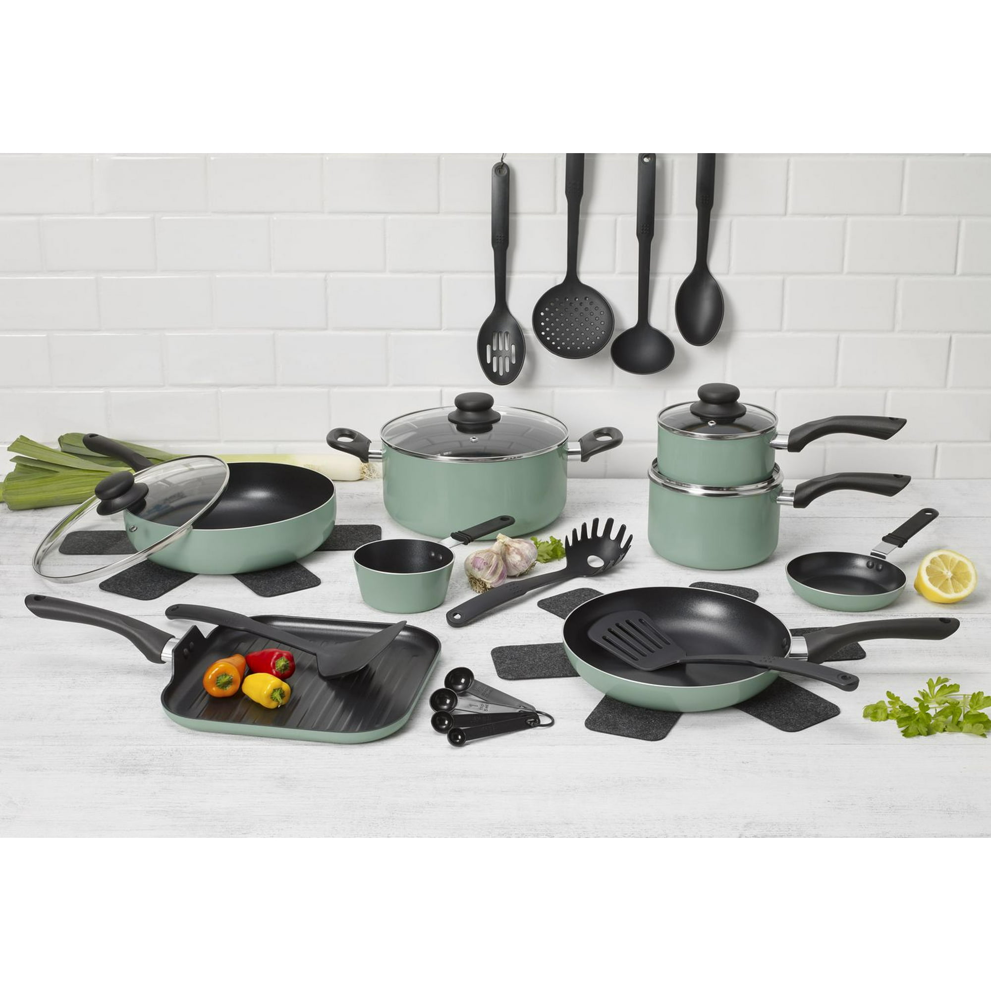 Starbasix 25-Piece Non-Stick Cookware Set – Sage, Includes utensils! 