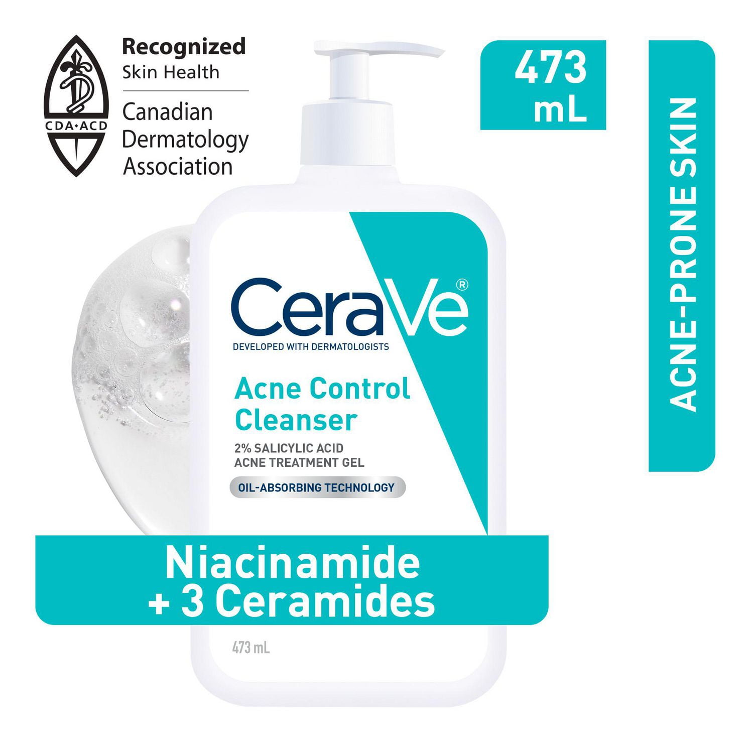 CeraVe Acne Control Cleanser | 2% Salicylic Acid Face Wash with Purifying Clay for Oily Skin and Blackheads | Fragrance-Free, Paraben-Free & Non-Comedogenic | 473 mL, Formulated to help clear acne