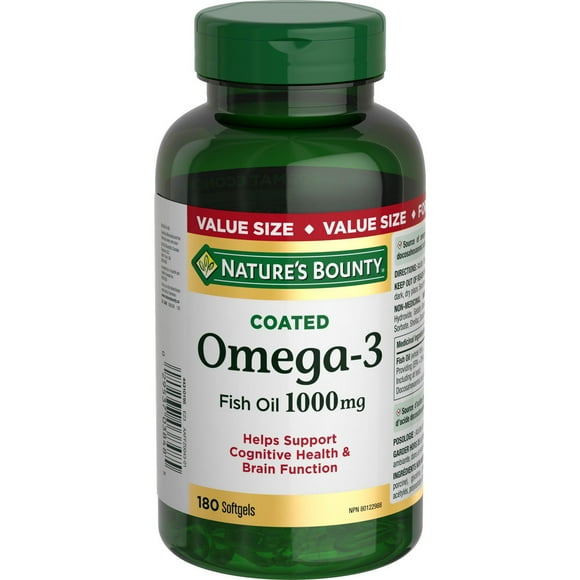 NATURE'S BOUNTY Omega-3 Fish Oil, 1000 mg, Value Size, Supports Cognitive Health & Brain Function, Source of Omega-3 Fatty Acids EPA & DHA, Coated Softgels 180.0 count, 180 Softgels