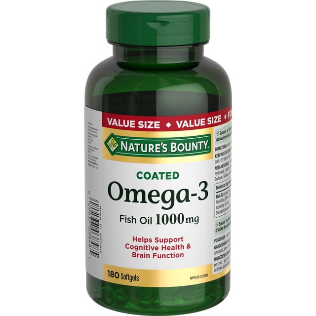 NATURE'S BOUNTY Omega-3 Fish Oil, 1000 mg, Value Size, Supports Cognitive Health & Brain Function, Source of Omega-3 Fatty Acids EPA & DHA, Coated Softgels 180